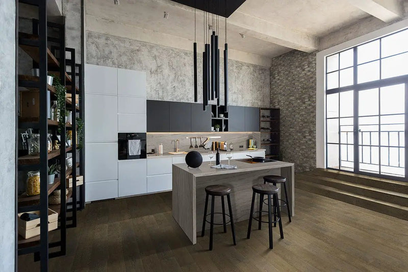 Doverton Gray Clay Brick 2.25x7.5 Natural Corner Mosaics 2.25x10.75 in a finished room