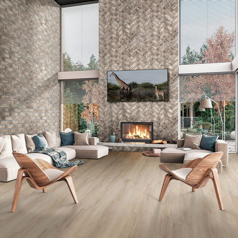 Doverton Gray Clay Brick 2.25x7.5 Natural Corner Mosaics 2.25x10.75 in a finished room