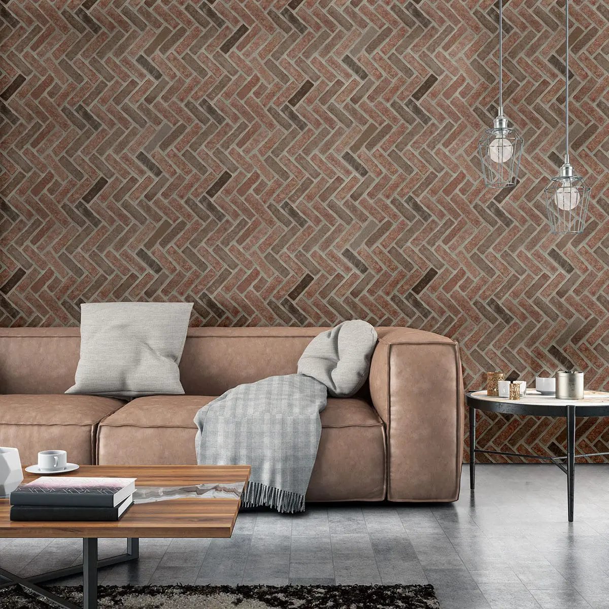 Noble Red Clay Brick Tile 2.25x7.5 Tumbled Corner Mosaics 2.25x10.75 in a finished room