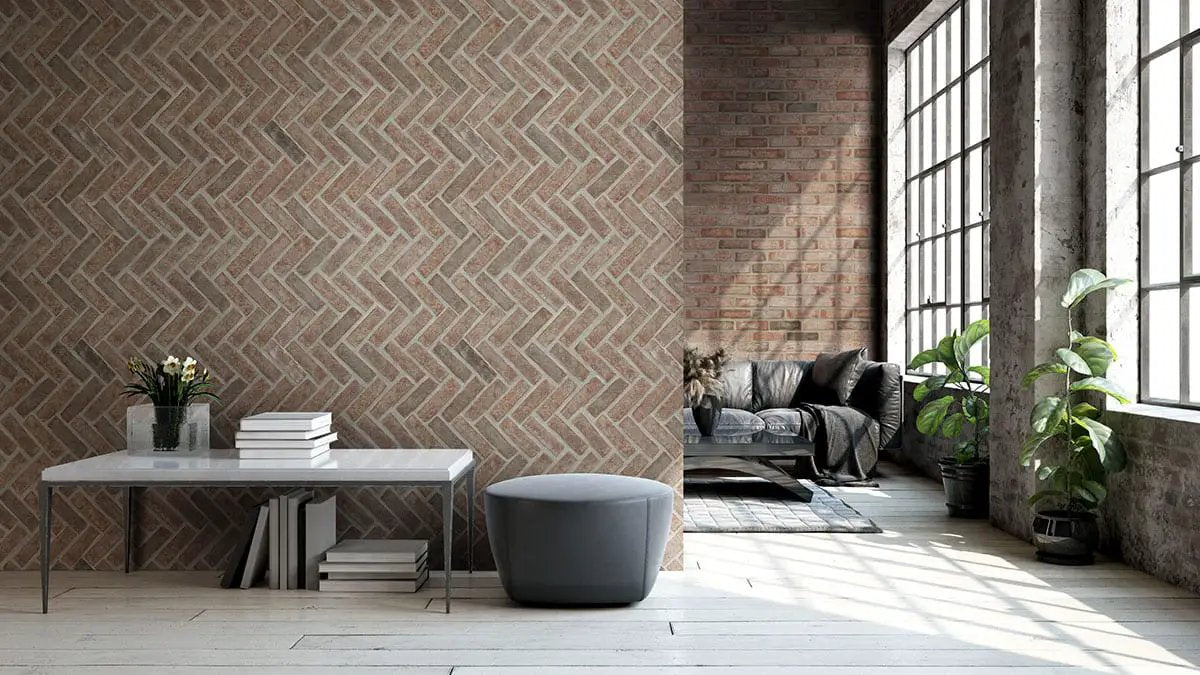 Noble Red Clay Brick Tile 2.25x7.5 Tumbled Mosaics N in a finished room