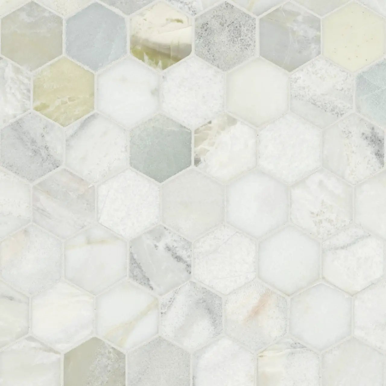 Cloudland 2" Hexagon Polished Marble Mosaics close up