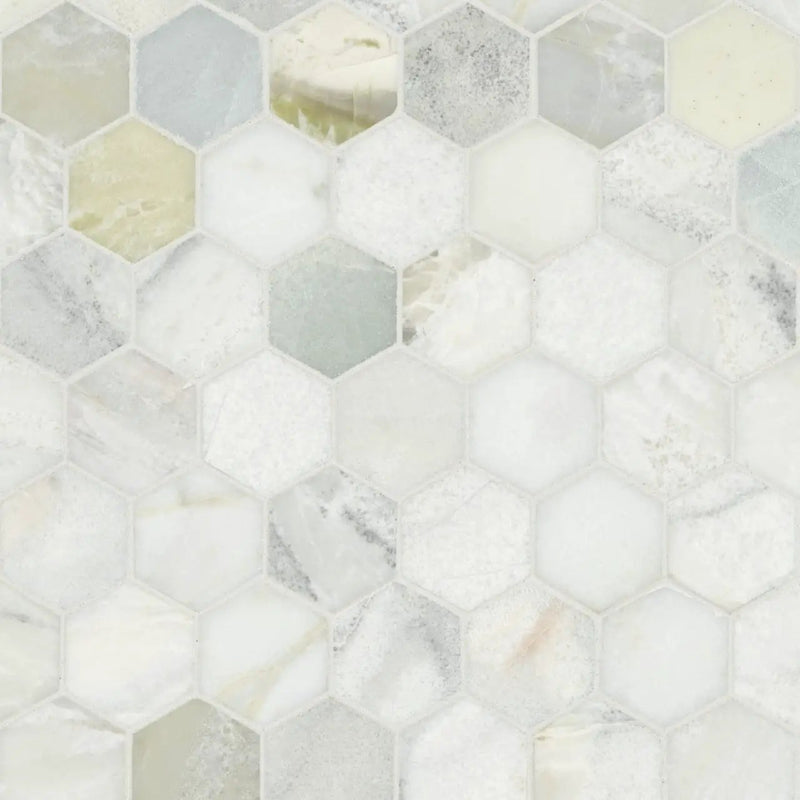 Cloudland 2" Hexagon Polished Marble Mosaics close up