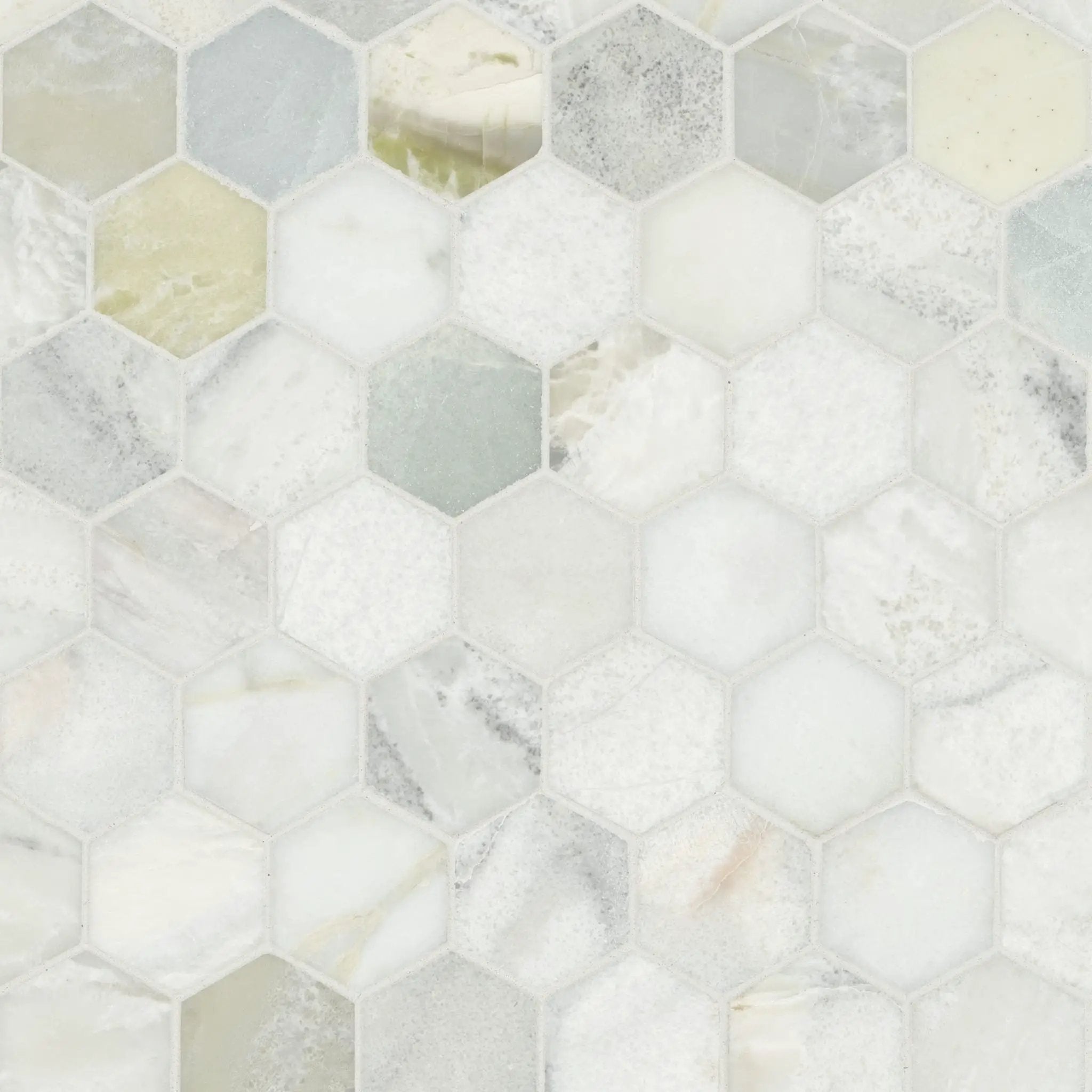Cloudland 2" Hexagon Polished Marble Mosaics close up