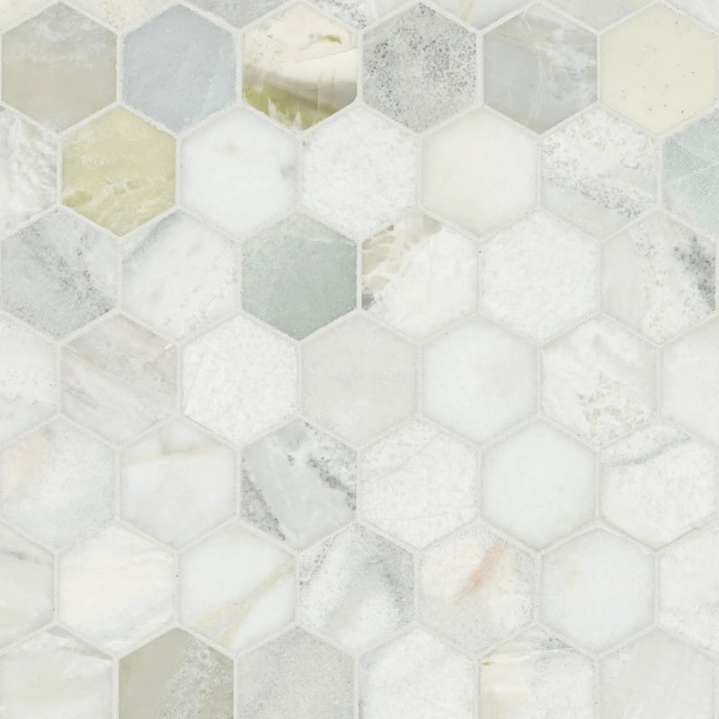 Cloudland 2" Hexagon Polished Marble Mosaics close up