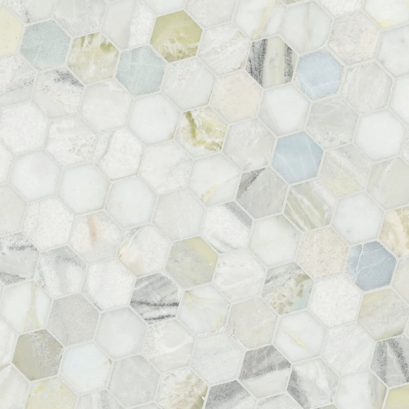 Cloudland 2" Hexagon Polished Marble Mosaics angled view