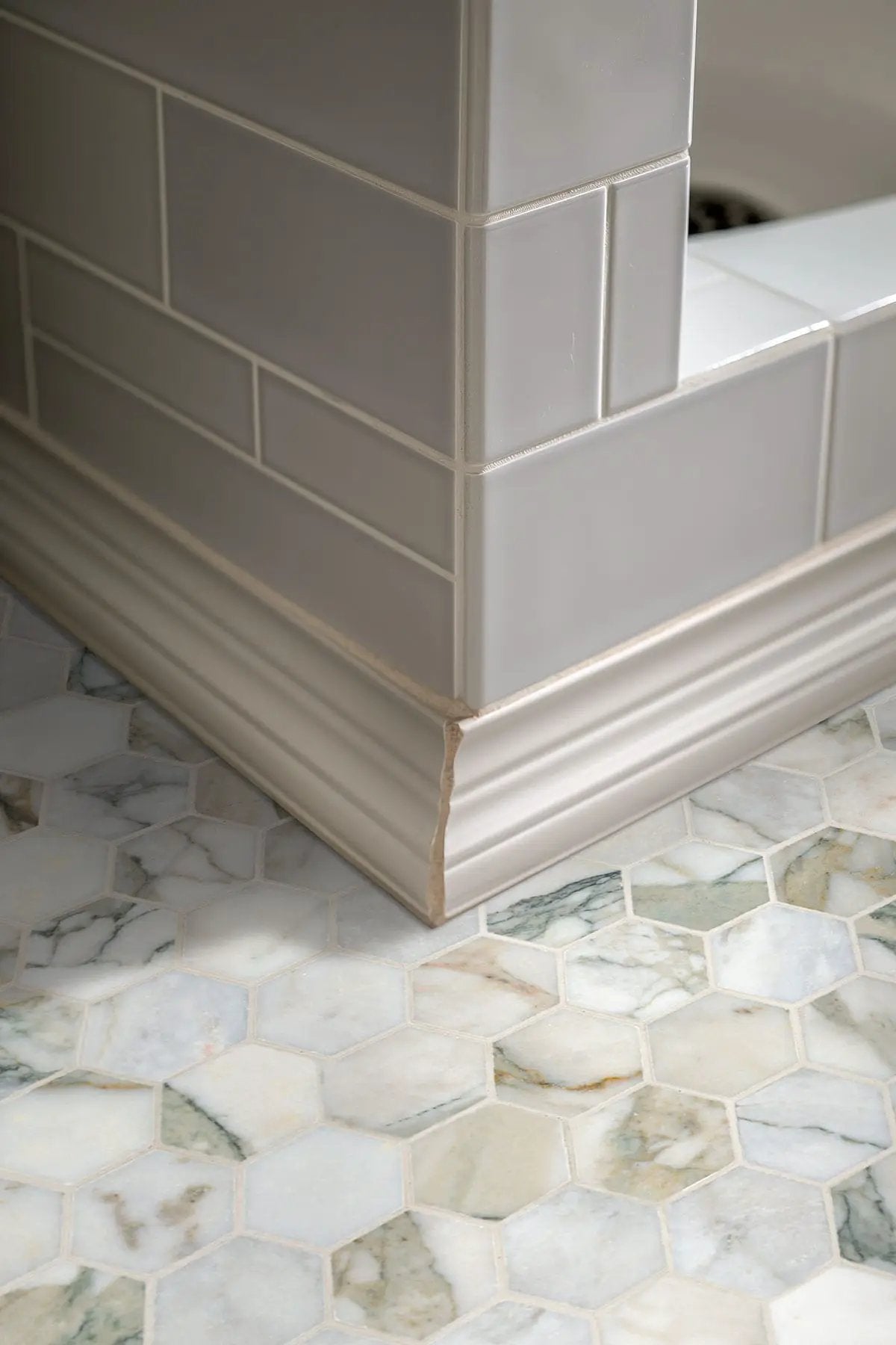 Coronado 2" Hexagon Honed Marble Mosaics in a finished room