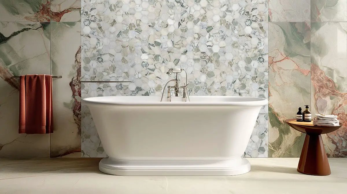 Coronado 2" Hexagon Honed Marble Mosaics in a finished room
