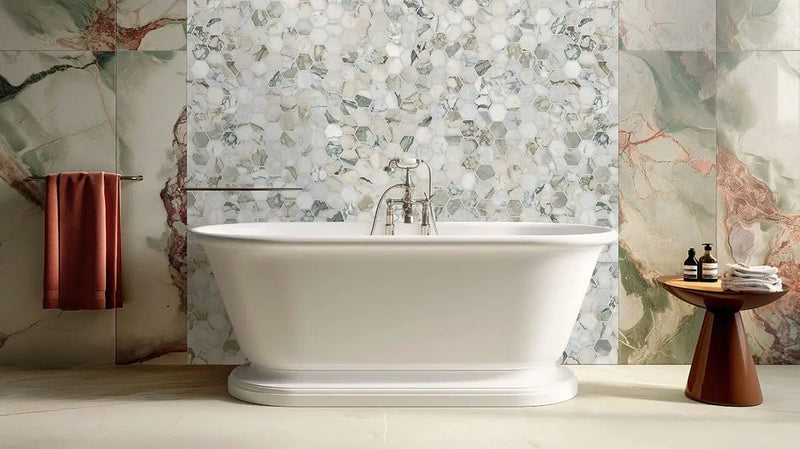 Coronado 2" Hexagon Honed Marble Mosaics in a finished room