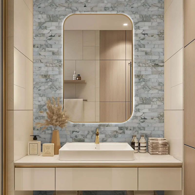 Coronado 2x6 Subway Honed Marble Mosaics in a finished room