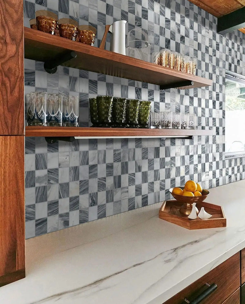 Firenze Blend 3x3 Polished Marble Mosaics in a finished room