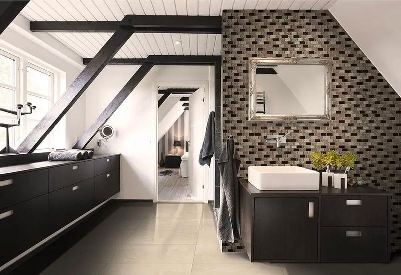 Ayres Blend 1x2x8mm Glass Mosaics in a finished room