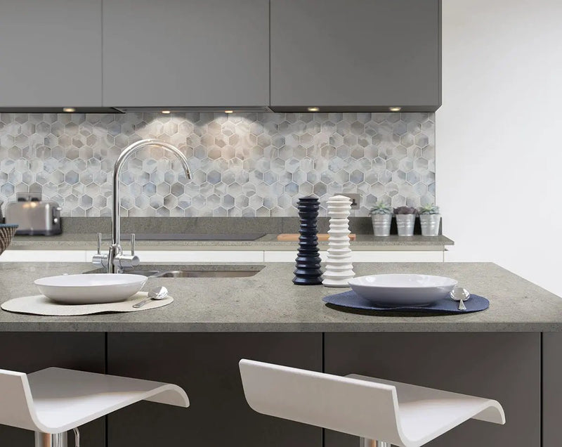 Akoya Pearl 3" Hexagon Mosaic Tile Glass in a finished room