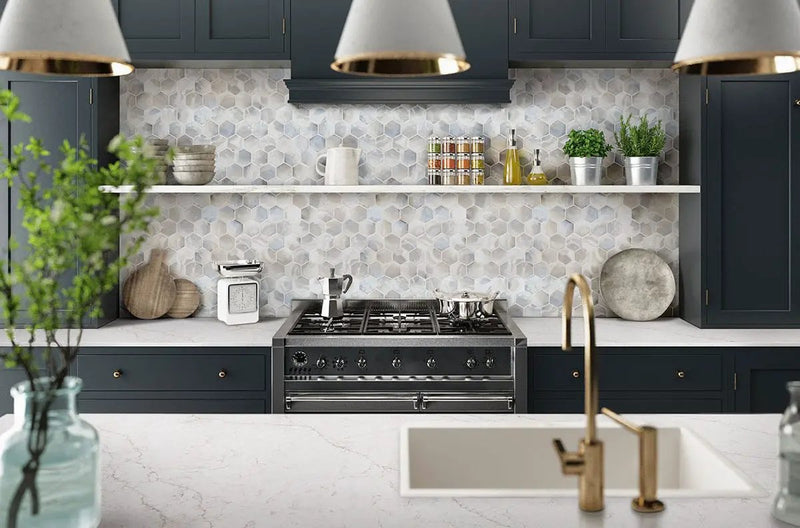 Akoya Pearl 3" Hexagon Mosaic Tile Glass in a finished room
