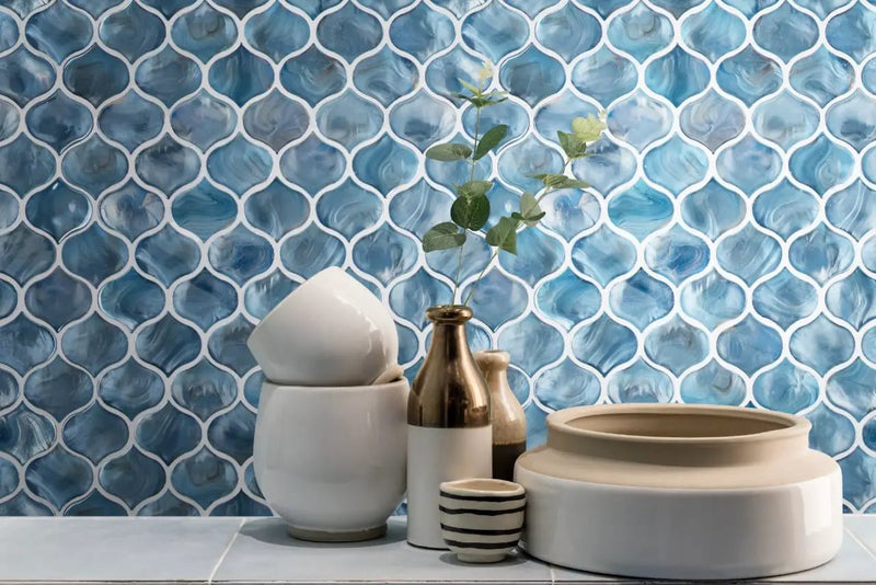 Blue Shimmer Arabesque Tile Glossy Pattern Glass Mosaics in a finished room