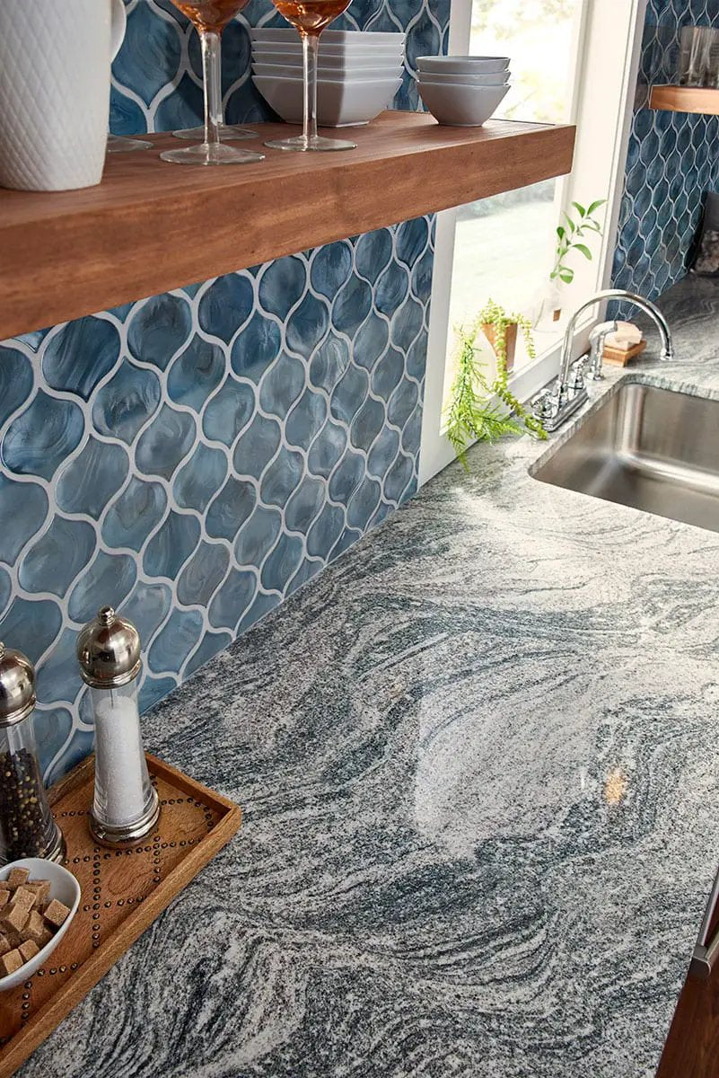 Blue Shimmer Arabesque Tile Glossy Pattern Glass Mosaics in a finished room