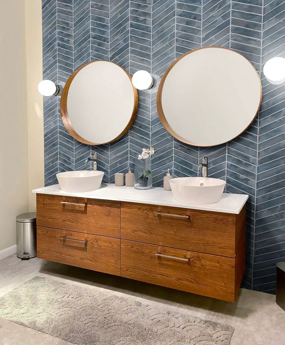 Blue Shimmer Chevron 6mm Pattern Glass Mosaics in a finished room