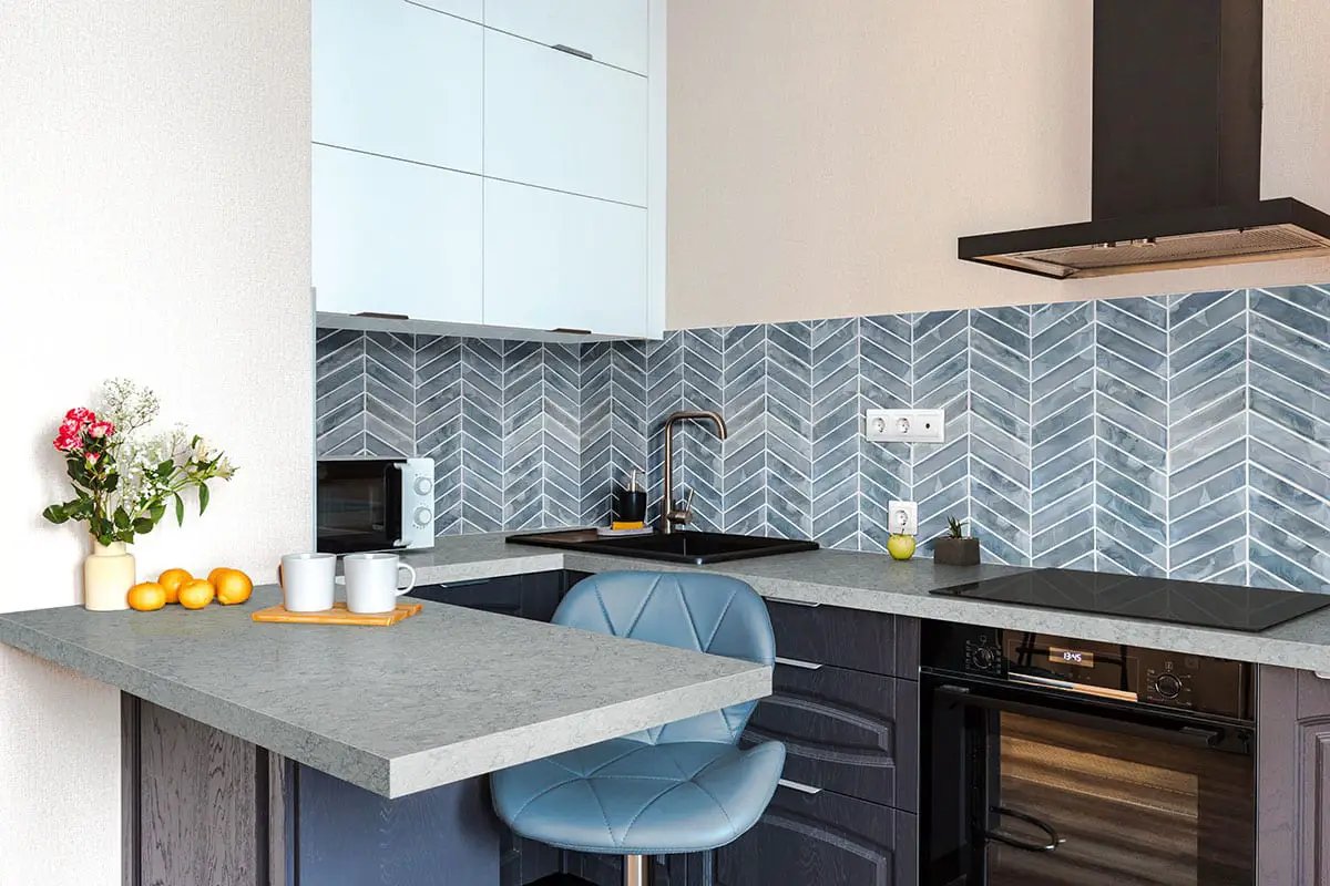 Blue Shimmer Chevron 6mm Pattern Glass Mosaics in a finished room