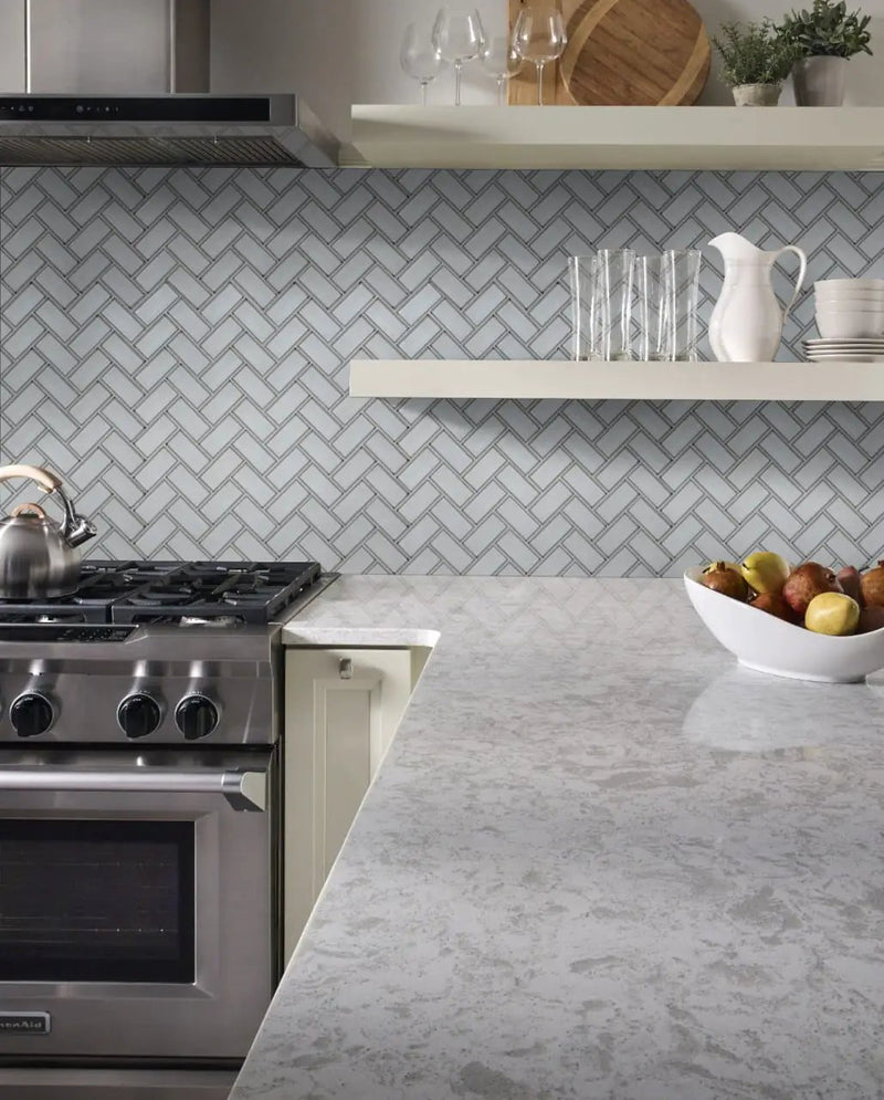 Ice Bevel Herringbone 8mm Glossy Glass Mosaics 2x4 in a finished room