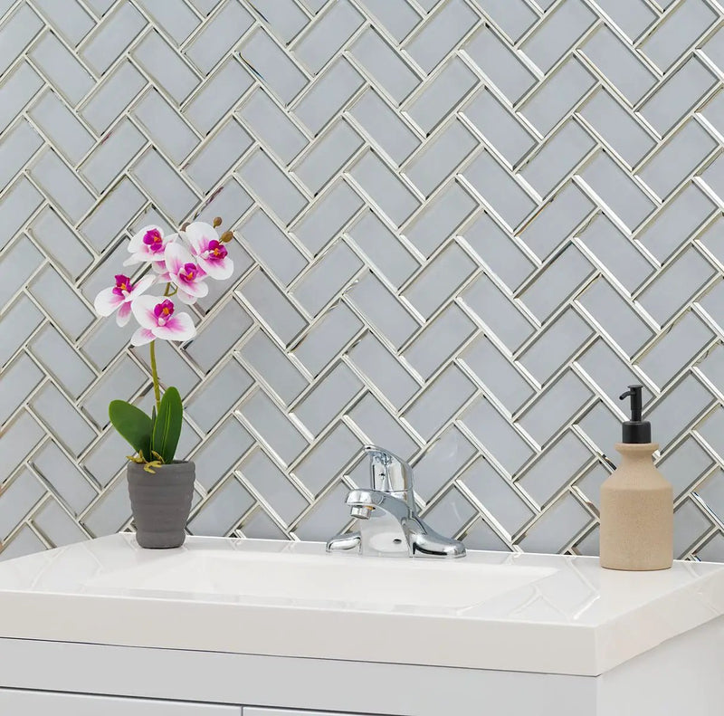 Ice Bevel Herringbone 8mm Glossy Glass Mosaics 2x4 in a finished room