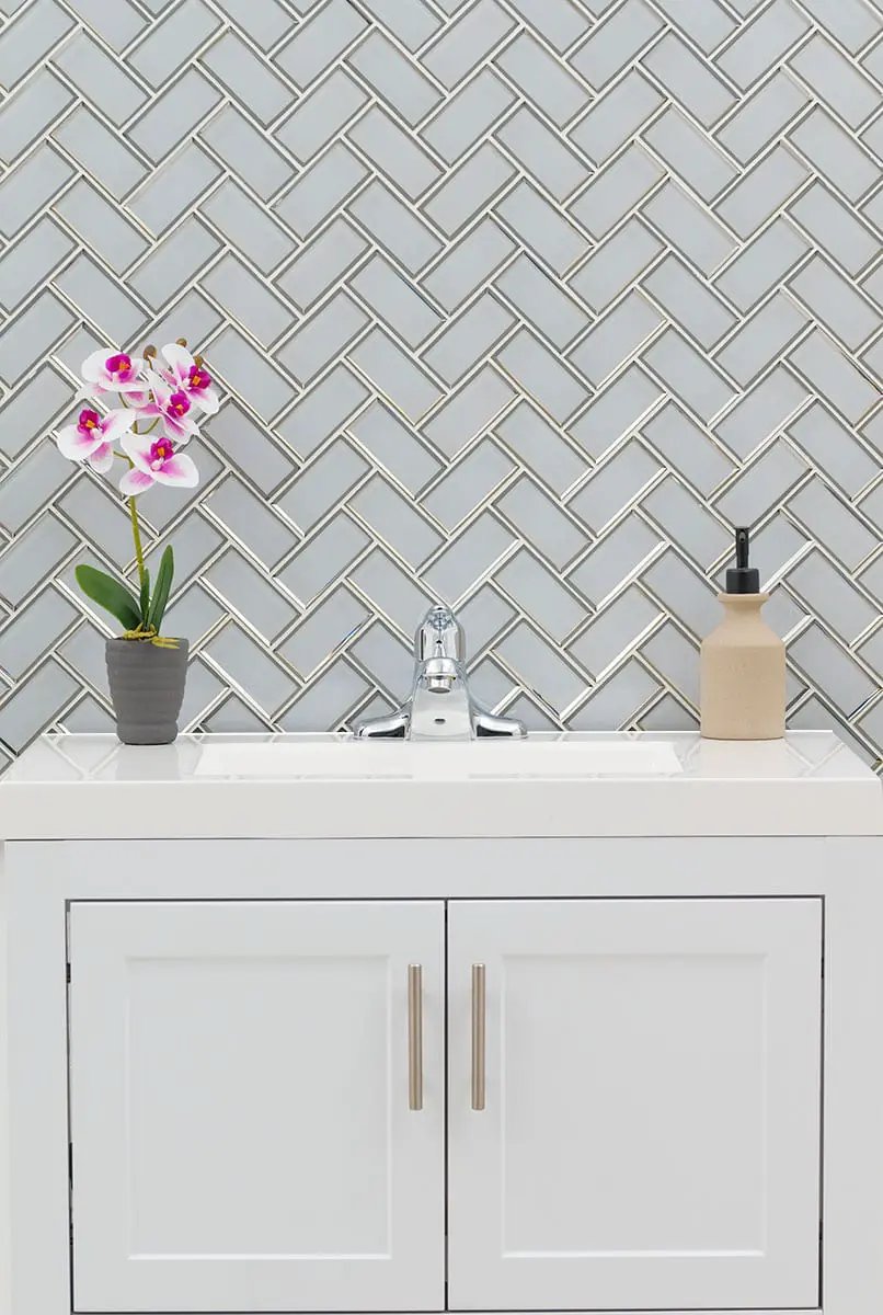 Ice Bevel Herringbone 8mm Glossy Glass Mosaics 2x4 in a finished room