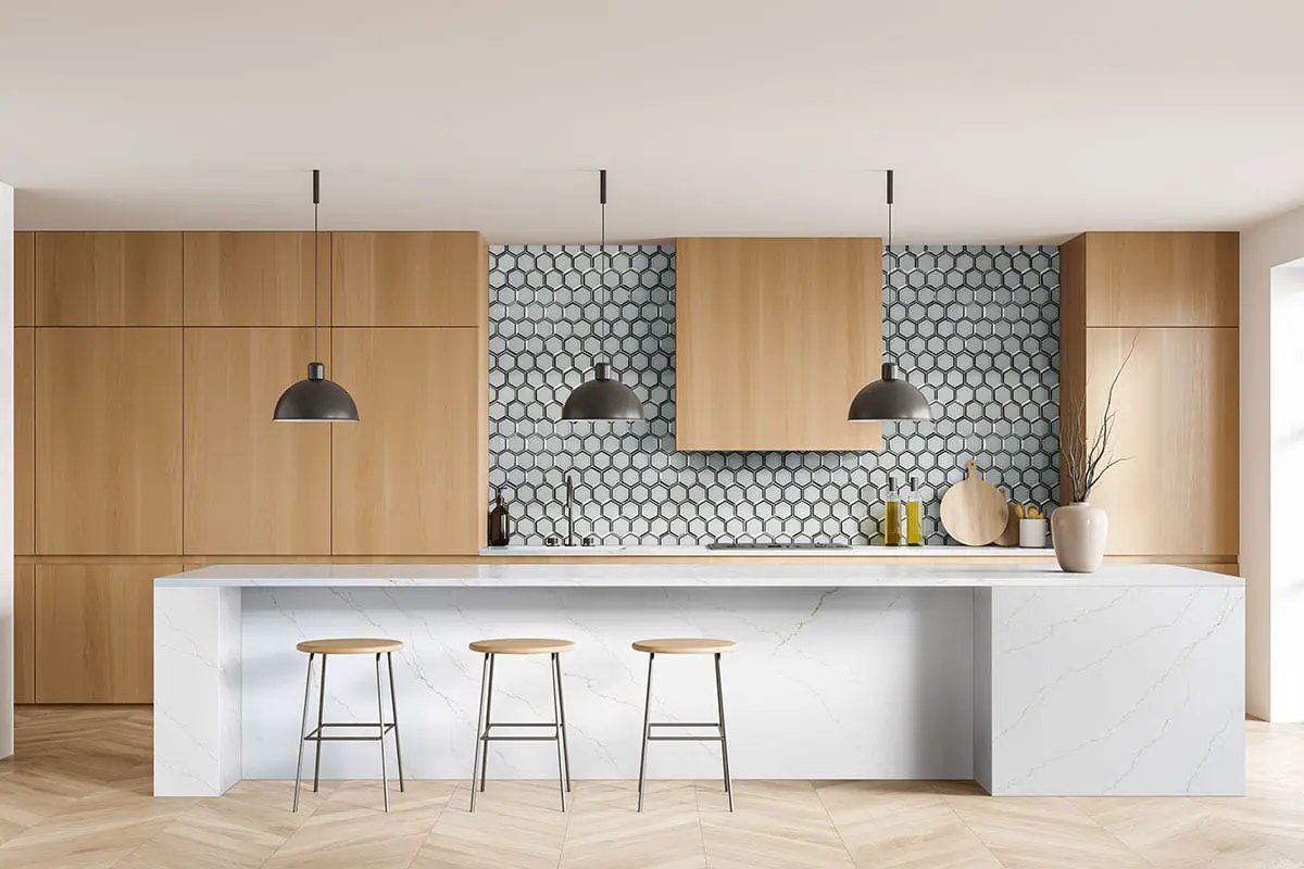 Ice Beveled 3" Hexagon Glass Mosaics in a finished room