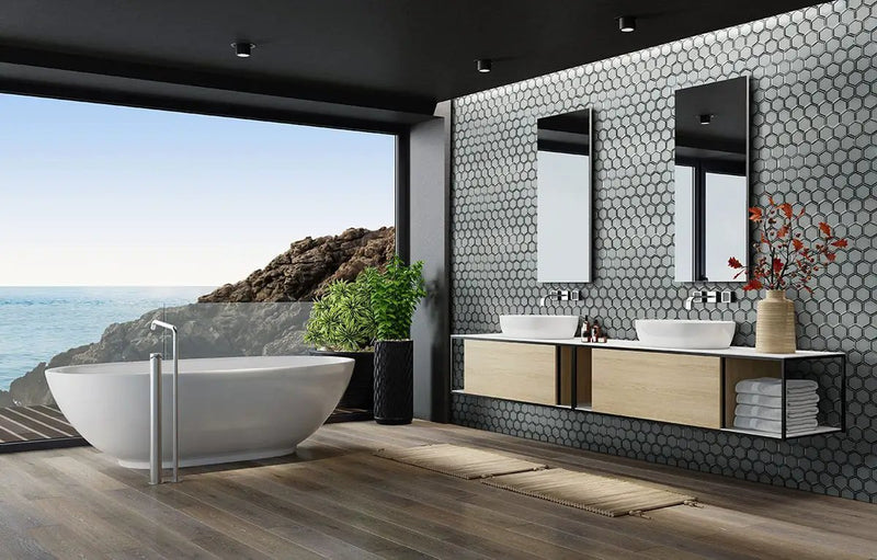Ice Beveled 3" Hexagon Glass Mosaics in a finished room