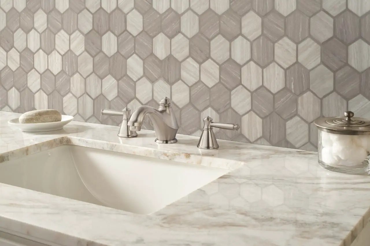 Silva Oak 2" Hexagon Mosaic Tile Glass in a finished room