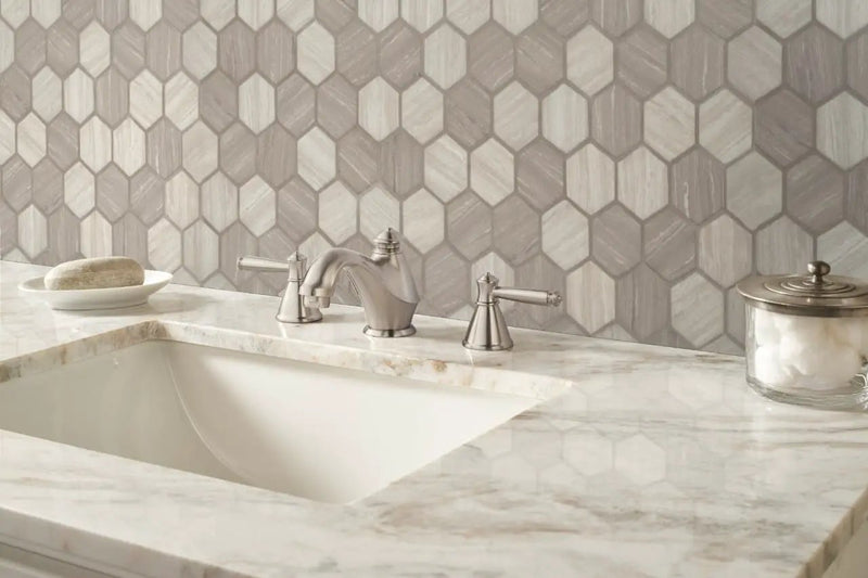 Silva Oak 2" Hexagon Mosaic Tile Glass in a finished room