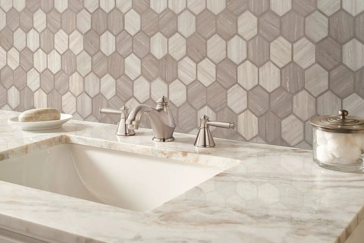 Silva Oak 2" Hexagon Mosaic Tile Glass in a finished room
