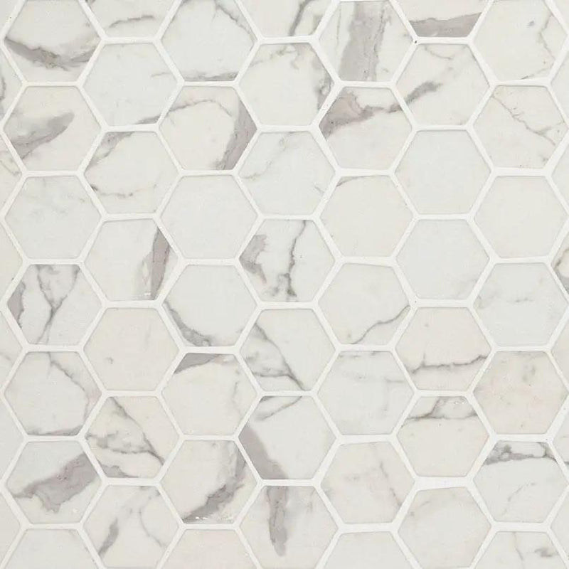 Statuario Celano Hexagon Mosaic Tile Glass close up
