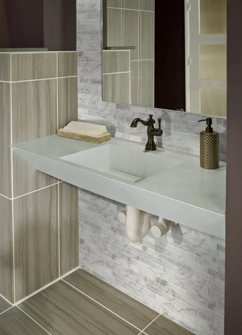 Silver Canvas Interlocking Pattern 8mm Glass Mosaics in a finished room