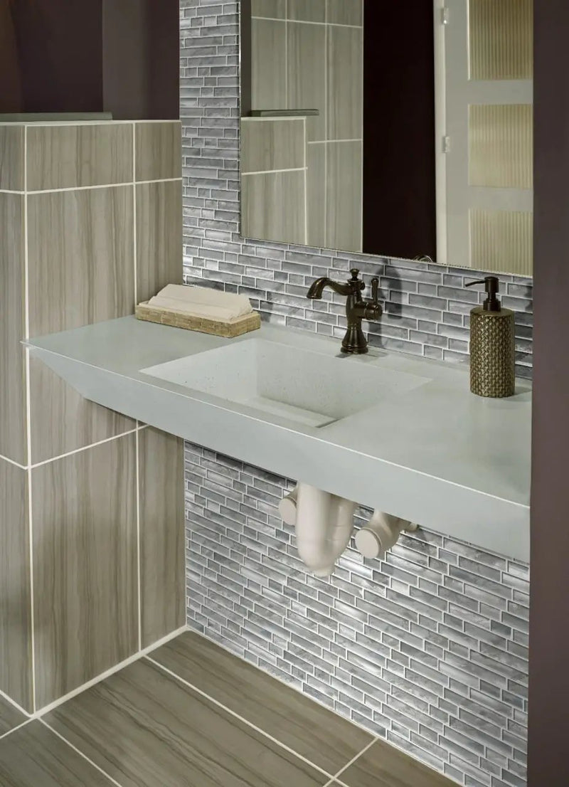 Silver Canvas Interlocking Pattern 8mm Glass Mosaics in a finished room
