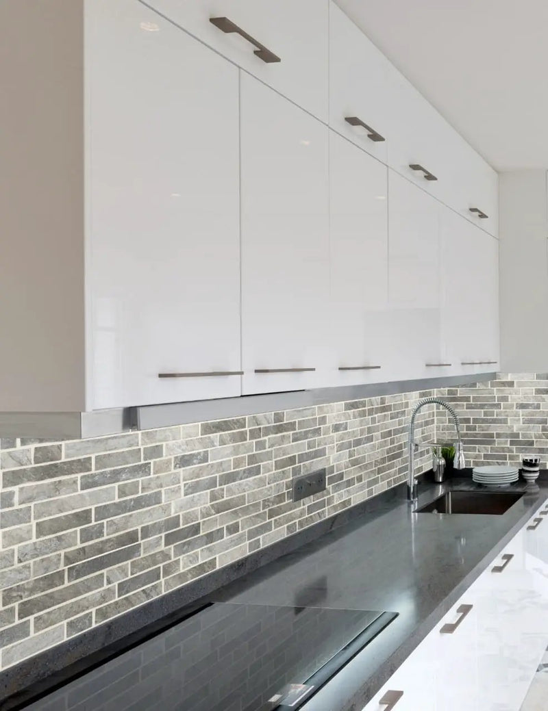 Stonella Interlocking Pattern Glass Mosaics in a finished room