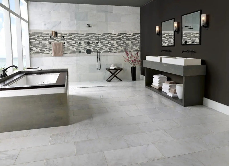 Urban Tapestry Interlocking 6mm Pattern Glass Mosaics in a finished room