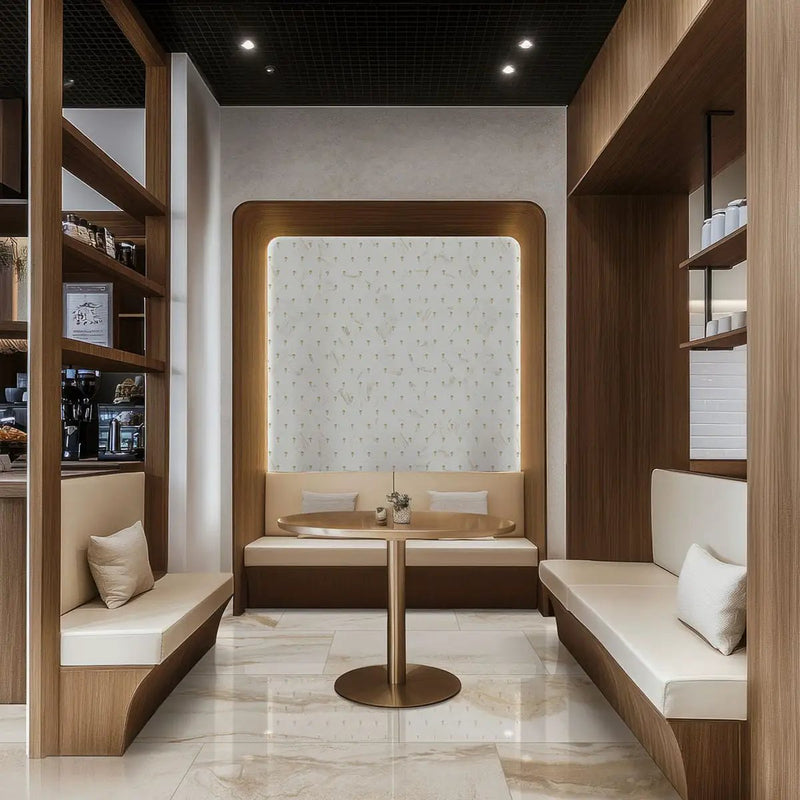 Citadel Gold Trident Tile Glossy Pattern Glass Mosaics in a finished room