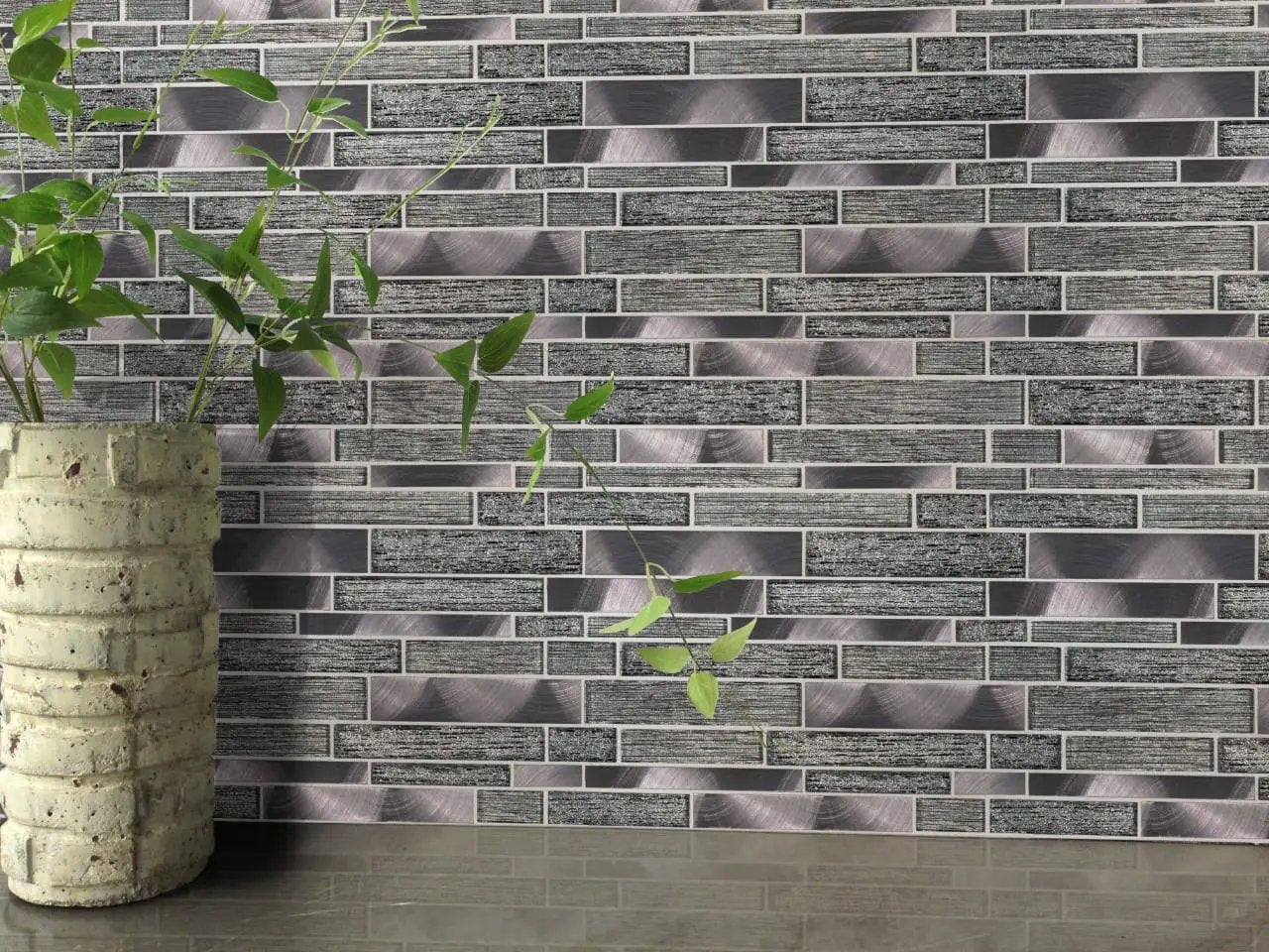 Volcanic Luxe Interlocking 8mm Pattern Glass Mosaics in a finished room