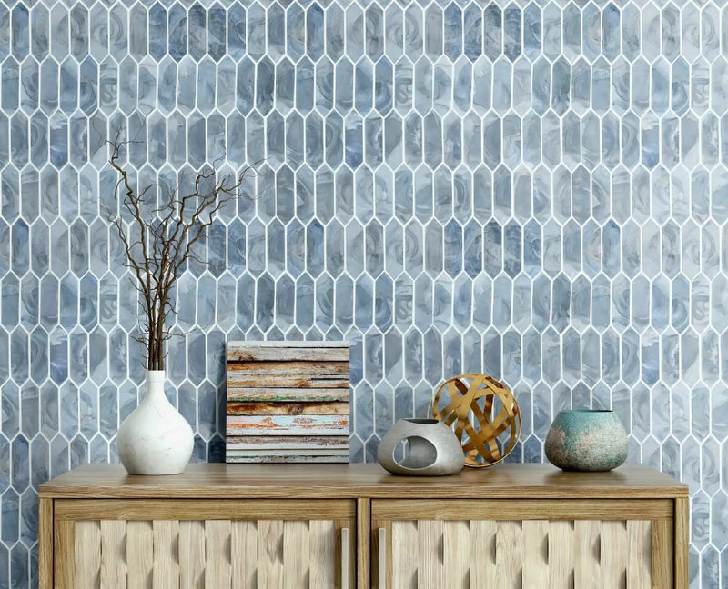 Blue Shimmer Picket 6mm Pattern Glass Mosaics in a finished room
