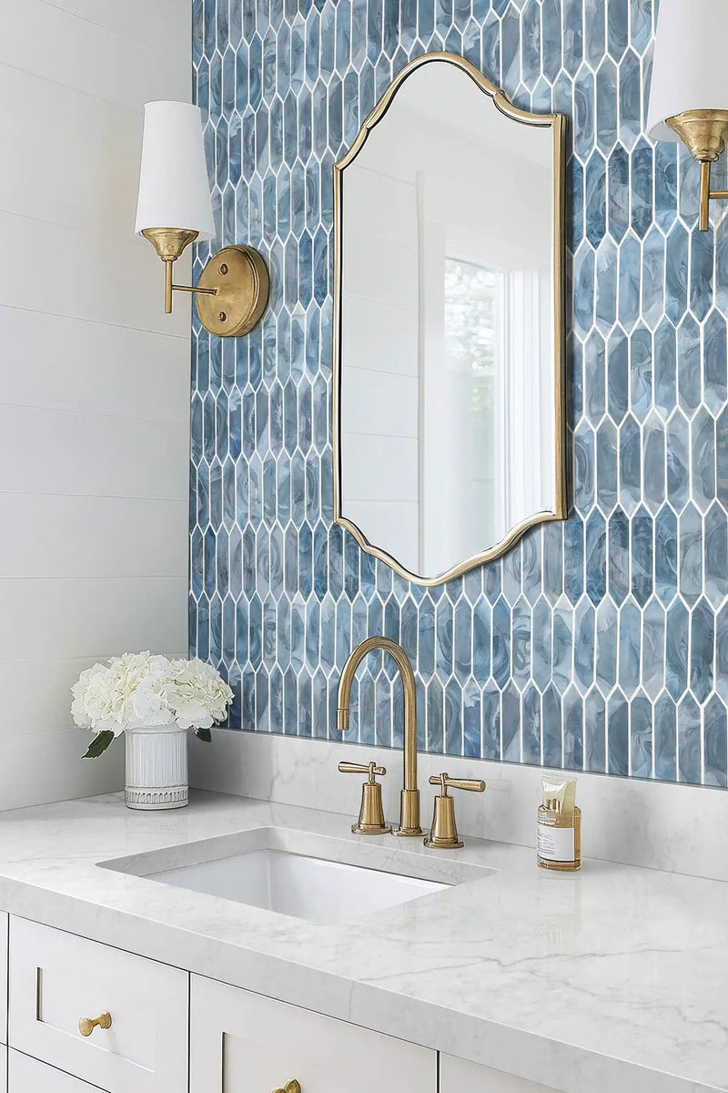 Blue Shimmer Picket 6mm Pattern Glass Mosaics in a finished room
