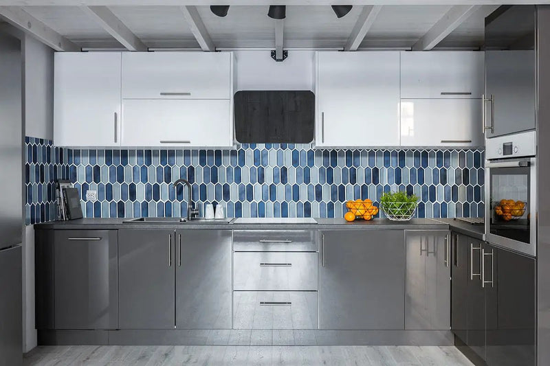 Boathouse Blue Picket 8mm Pattern Glass Mosaics in a finished room