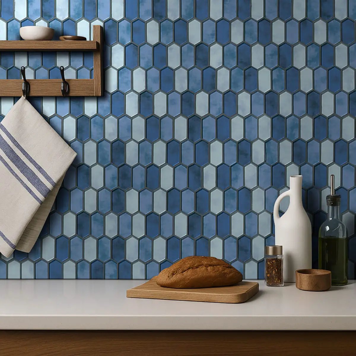 Boathouse Blue Picket 8mm Pattern Glass Mosaics in a finished room