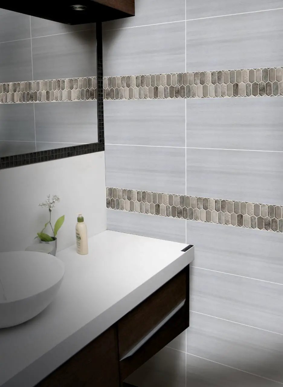 Savoy Picket Pattern 8mm Glass Mosaics in a finished room