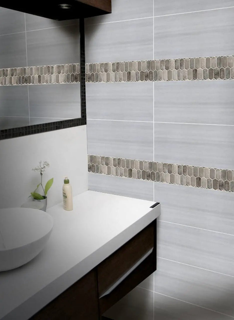 Savoy Picket Pattern 8mm Glass Mosaics in a finished room