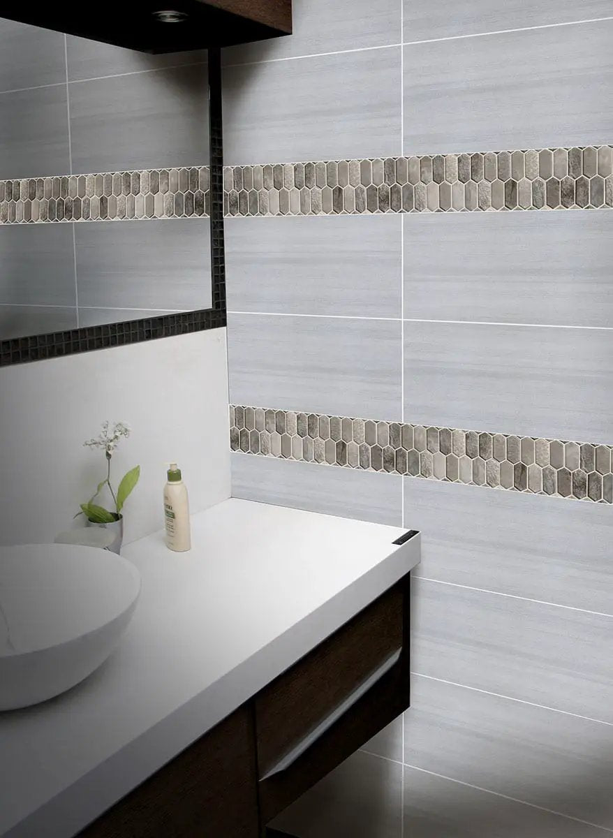 Savoy Picket Pattern 8mm Glass Mosaics in a finished room