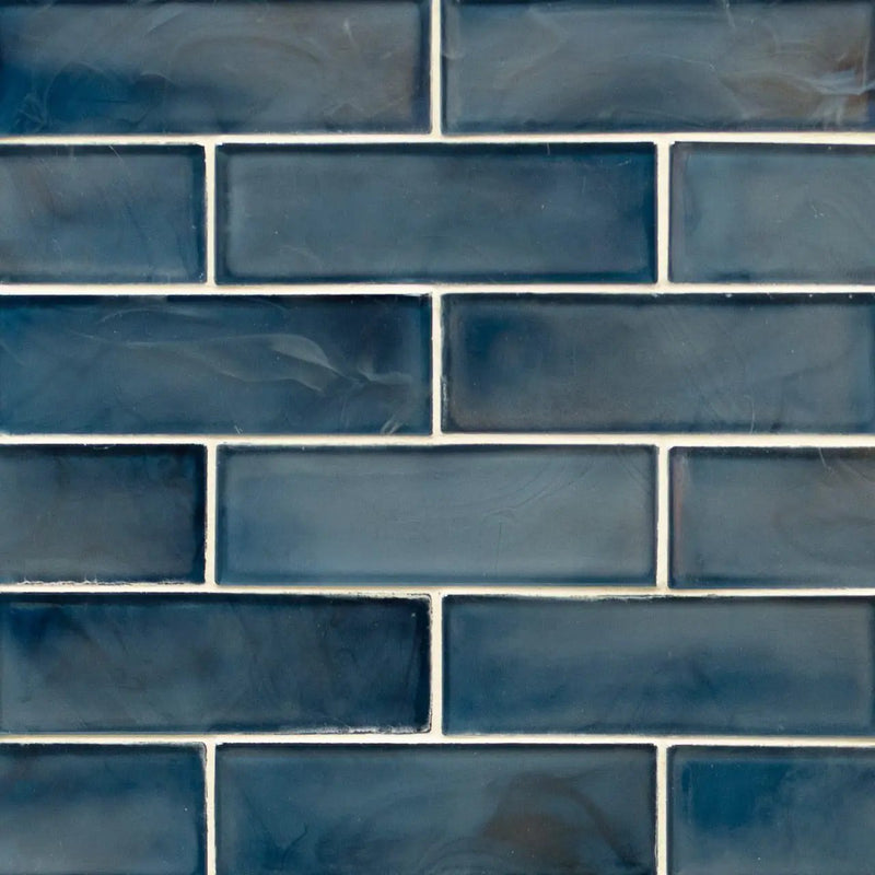 Blue Shimmer Glass Subway Tile Mosaics 2x6 close up