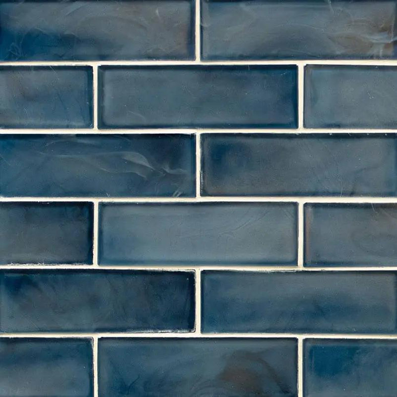 Blue Shimmer Glass Subway Tile Mosaics 2x6 close up