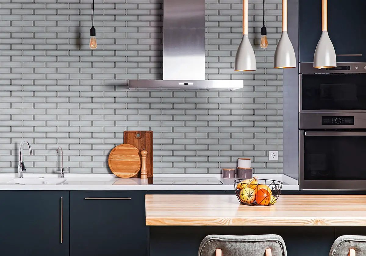 Ice Bevel Subway Tile 2x6 Glossy Glass Mosaics in a finished room