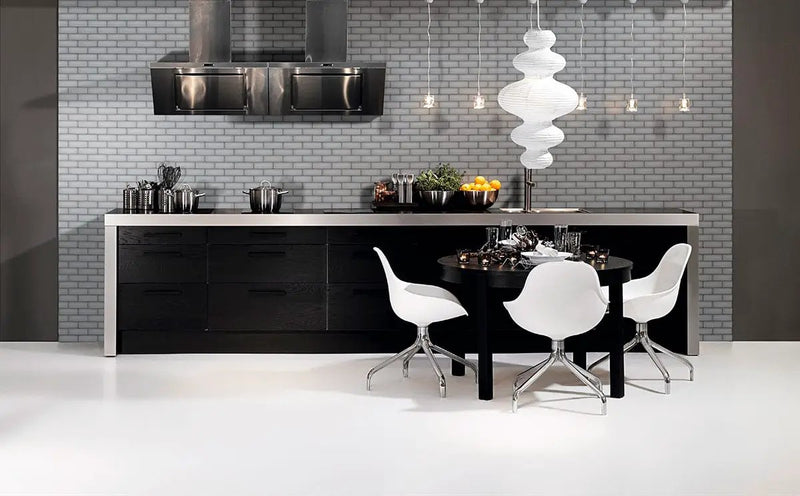 Ice Bevel Subway Tile 2x6 Glossy Glass Mosaics in a finished room