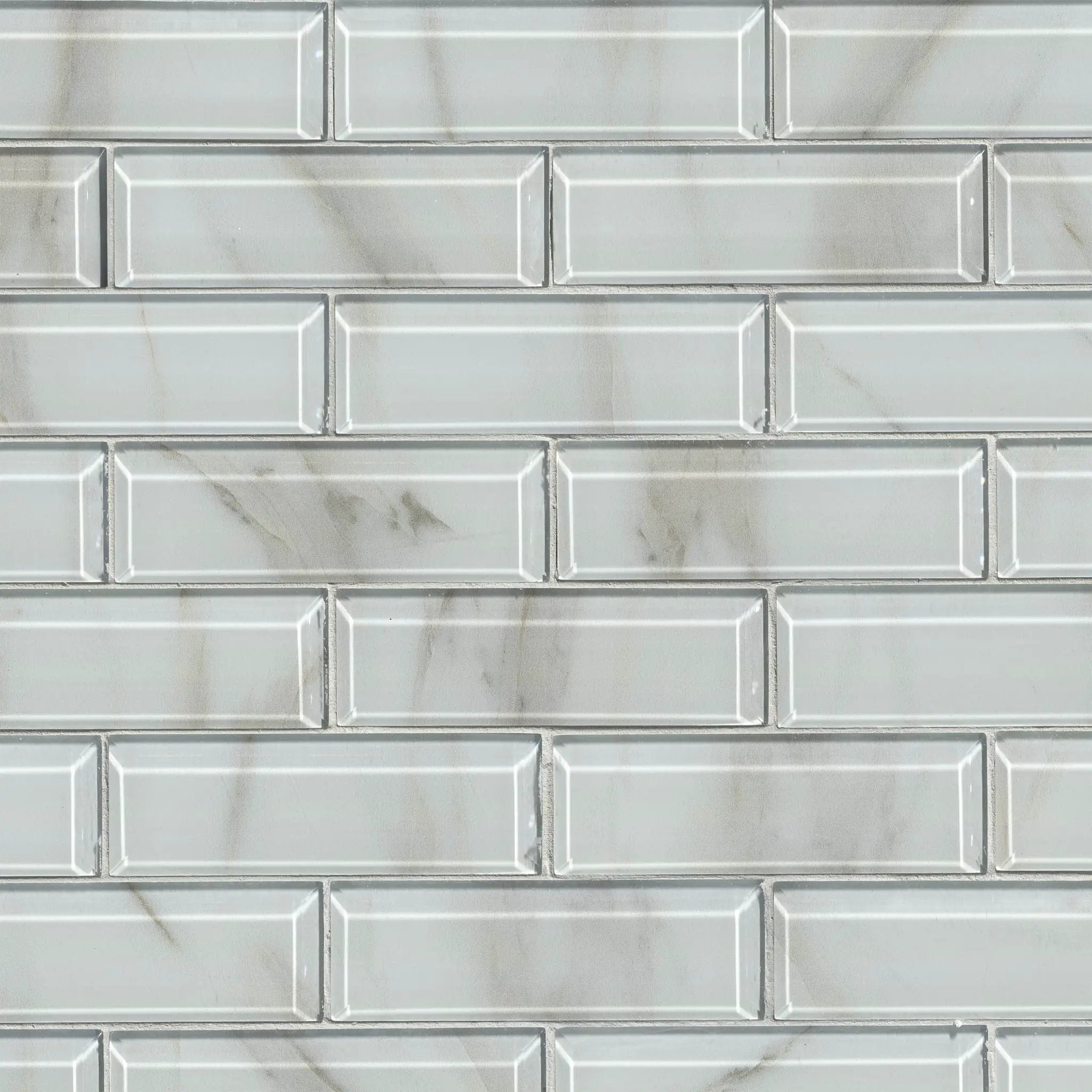 Ivory Amber Beveled Subway Tile Glossy Pattern Glass Mosaics close up