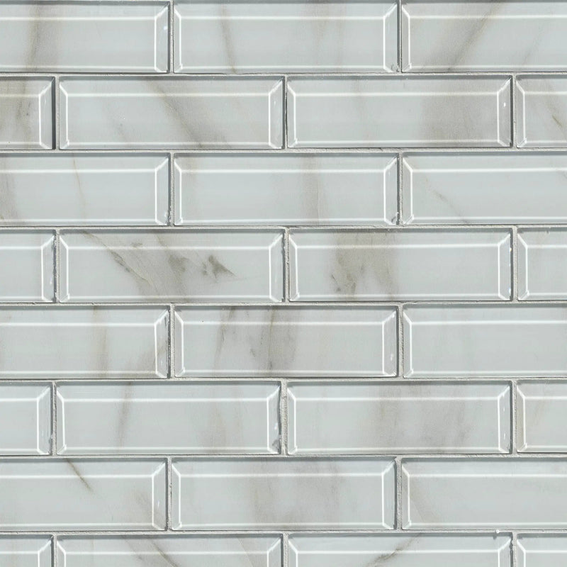 Ivory Amber Beveled Subway Tile Glossy Pattern Glass Mosaics close up
