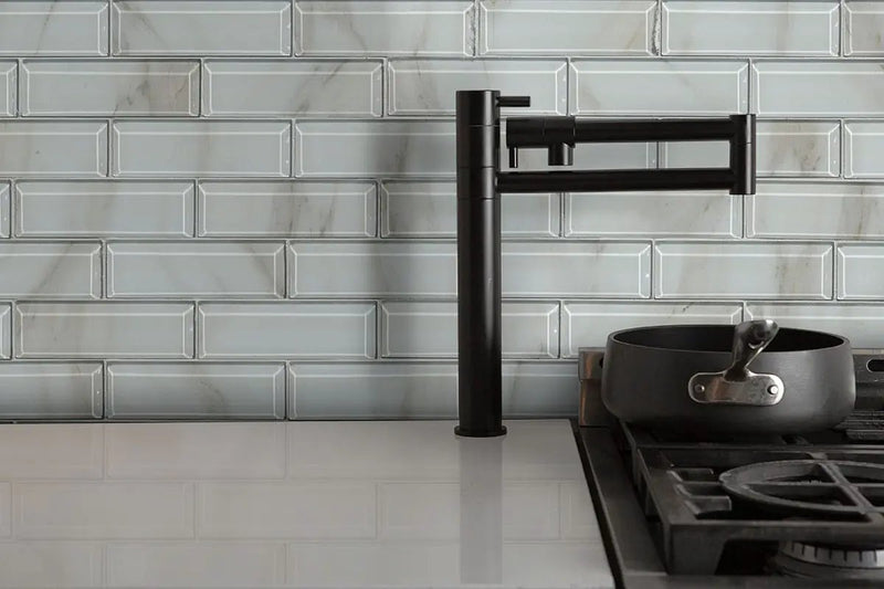 Ivory Amber Beveled Subway Tile Glossy Pattern Glass Mosaics in a finished room